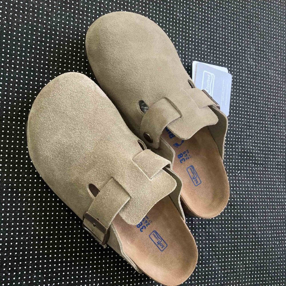 Birkenstock Clog Taupe Suede Leather Size Eur 38 Sandals Schmale weite narrow - Picture 2 of 7